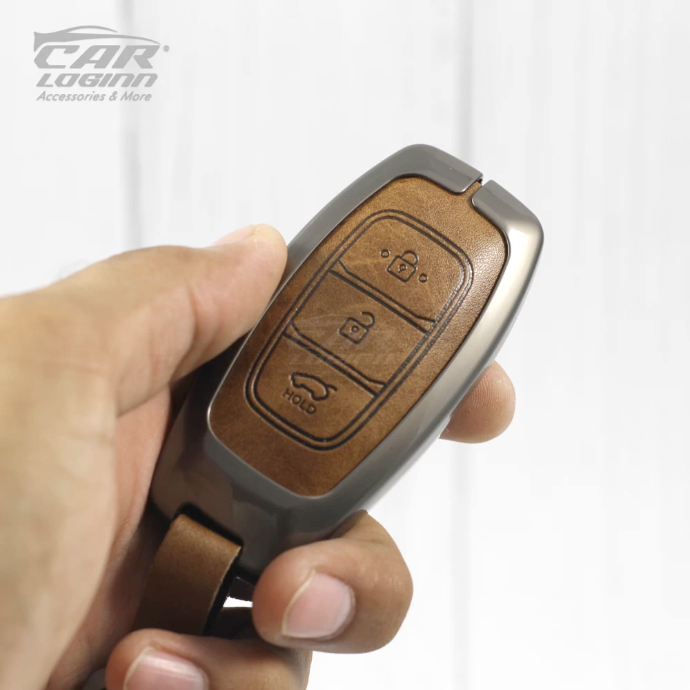 Metal Leather Key Case for Hyundai Old Verna | Verna-2020 | New Verna | Kona Electric Smart Key (3 BUTTON) (TAN)
