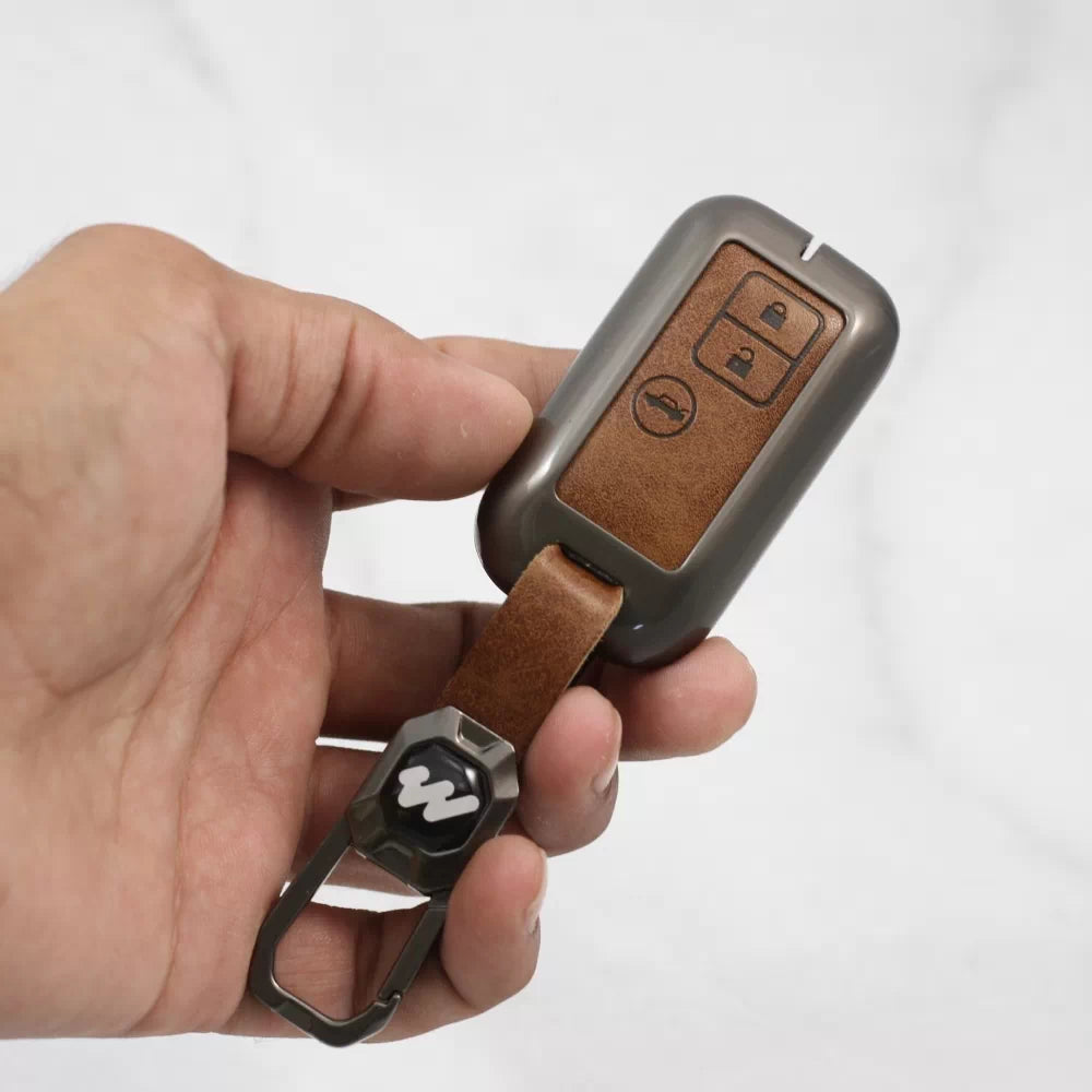 Metal Alloy Leather Key case for New Maruti Suzuki Grand Vitara | Fronx | New Brezza | XL 6 | Ignis | Baleno | New Ertiga | Ignis | New Swift | New Dezire 3 Button Smart Key (TAN)