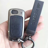 Metal Alloy Leather Key case for Tata Harrier | Punch | Tigor | Bolt | Nexon | Hexa | Zest | Tiago Flip Key (3 Button Flip Key) (Black)