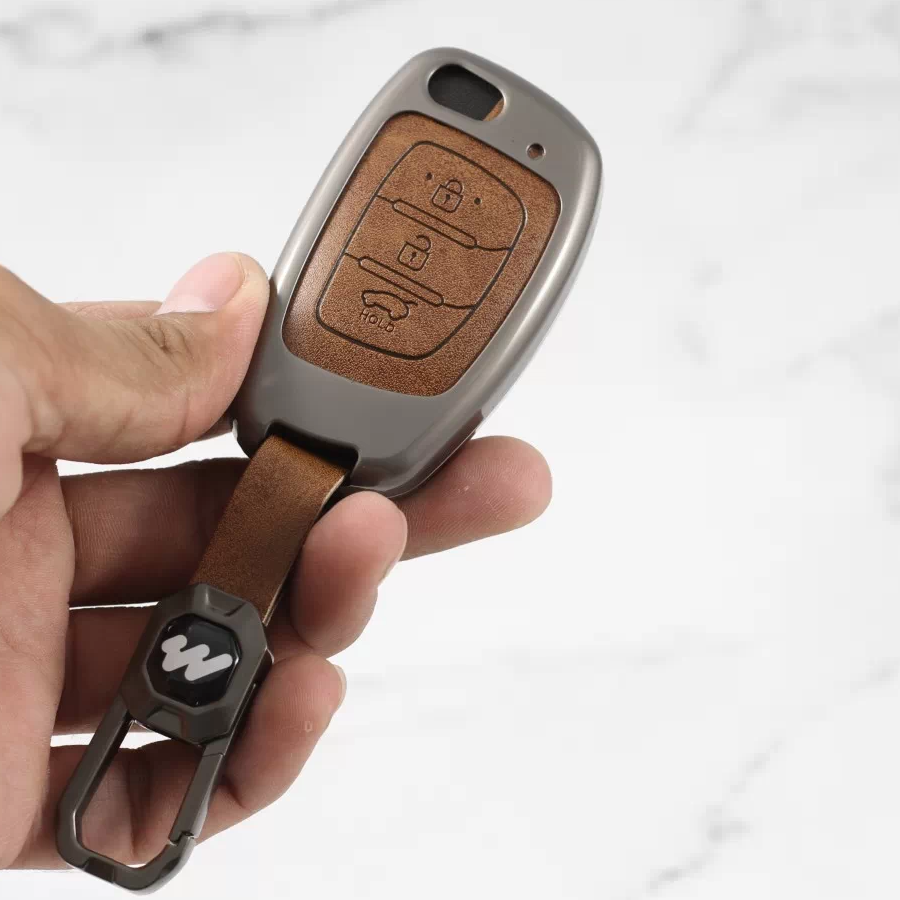 Metal Alloy Leather Key case for Hyundai Aura | Exter | Venue | Nios | Xcent | i20 Active | i20 Elite | Creta (3 Button Flip Key) (TAN)