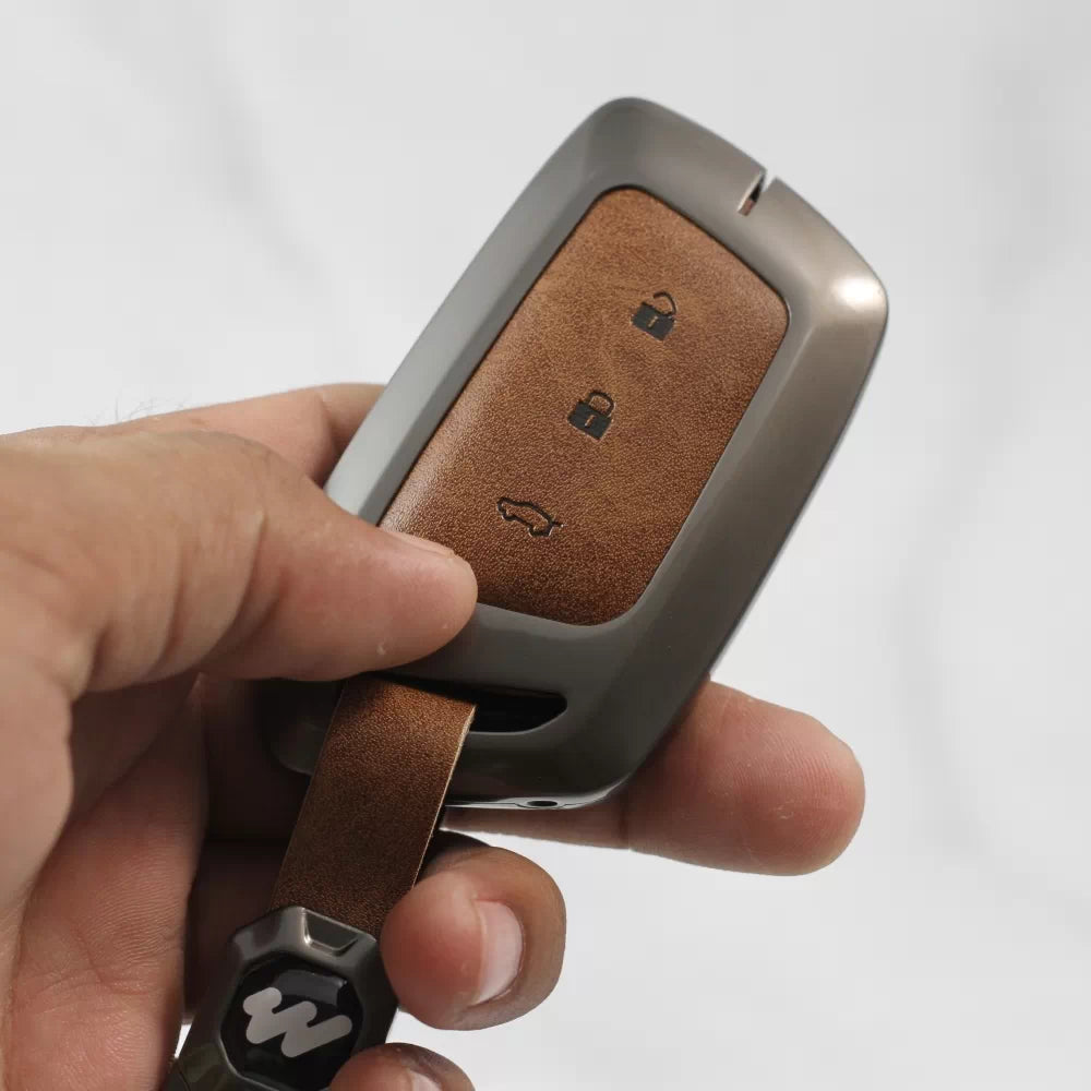 Metal Alloy Leather Key case for MG Hector | Windsor | Astor | Gloster Smart Key (3 Button)