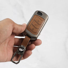 Metal Alloy Leather Key case for Mahindra New Scorpio-N | XUV 700 | New THAR | Xuv-300 | Marazzo | Scorpio | Bolero ( 3 Button Flip/Smart Key)(TAN)