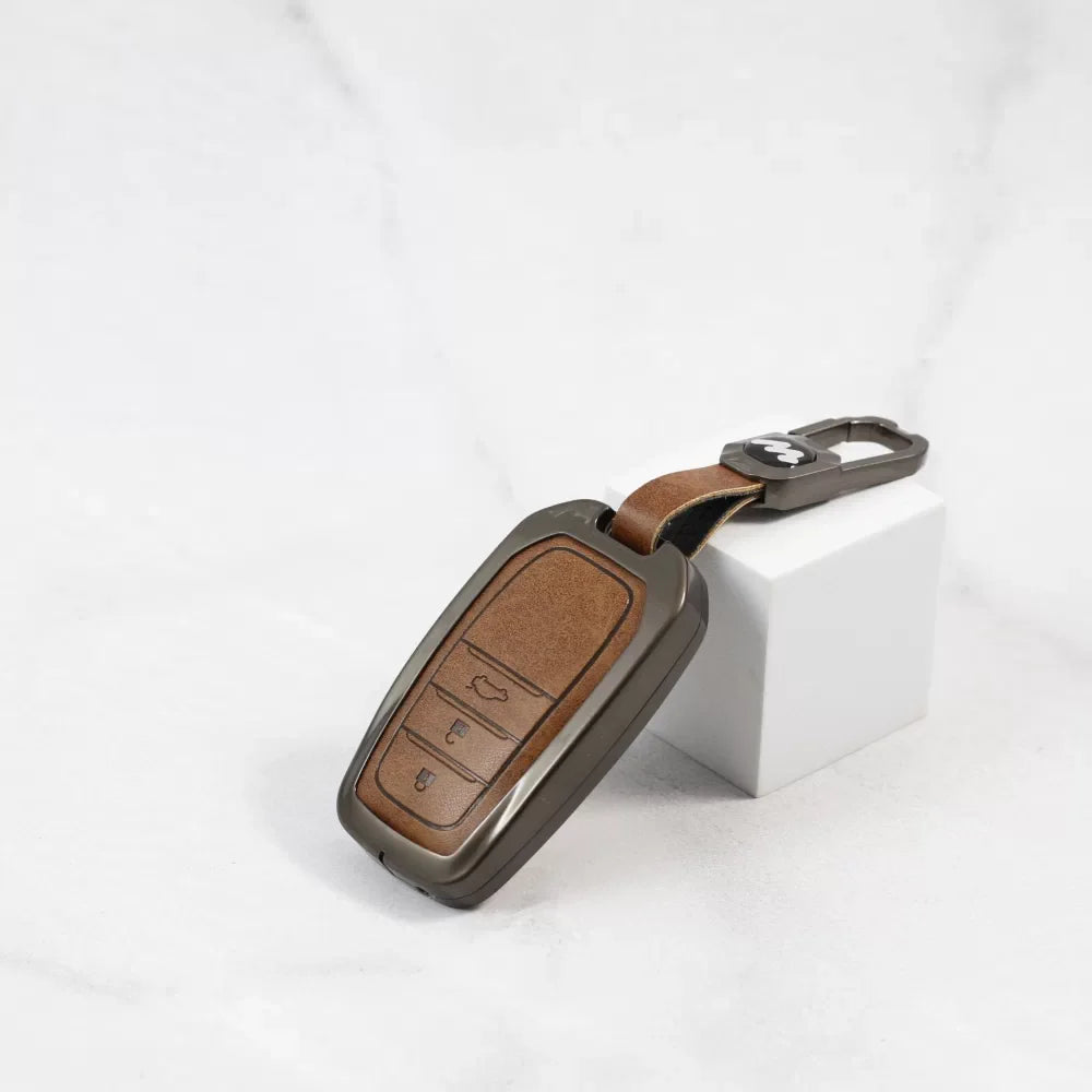 Metal Alloy Leather Key case for Toyota Innova Hycross | Fortuner | Innova Crysta Smart Key (3 Button Smart Key) (TAN)