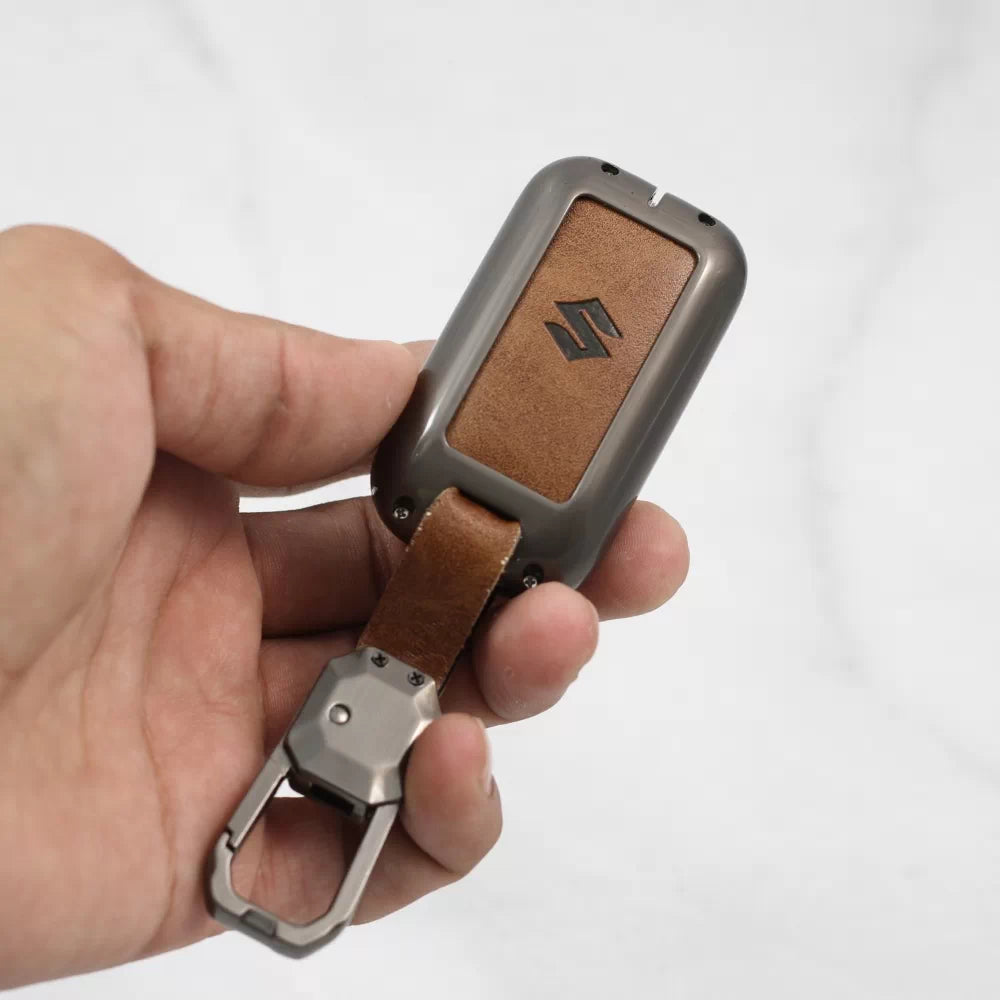 Metal Alloy Leather Key case for New Maruti Suzuki Grand Vitara | Fronx | New Brezza | XL 6 | Ignis | Baleno | New Ertiga | Ignis | New Swift | New Dezire 3 Button Smart Key (TAN)