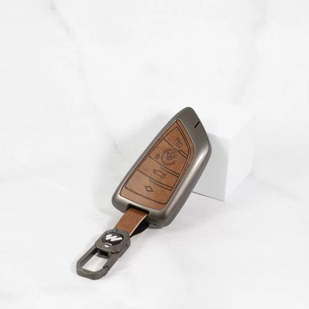 Metal Alloy Leather Key case for BMW GT-Series | X-Series | M-Series | 3-Series | 5-Series | 7-Series 4 Button Smart Key