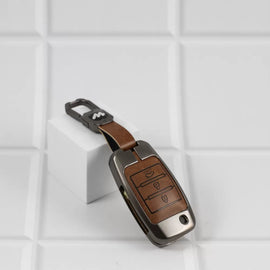 Metal Alloy Leather Key case for  KIA Seltos | KIA Sonet | KIA Carens | Carnival (3 Button Flip Key) (TAN)