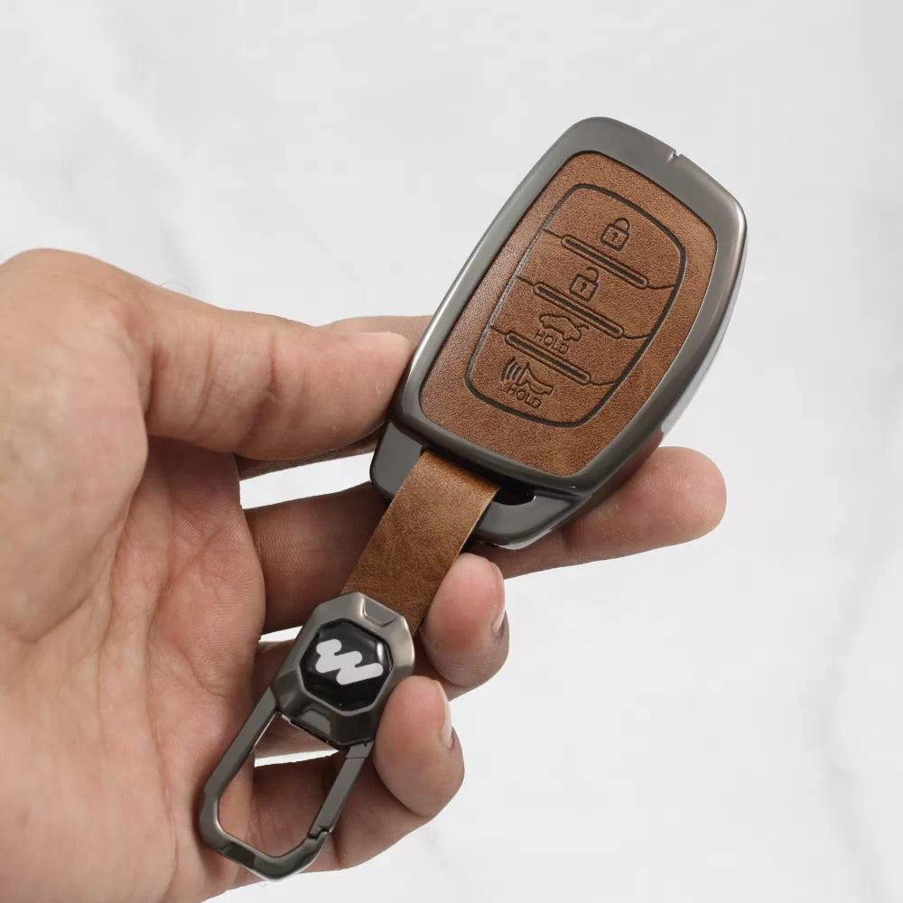 Metal Alloy Leather Key case for Hyundai i-20 (2021) | New Creta SX | New Venue SX | Elantra (4 Button Smart Key) (TAN)