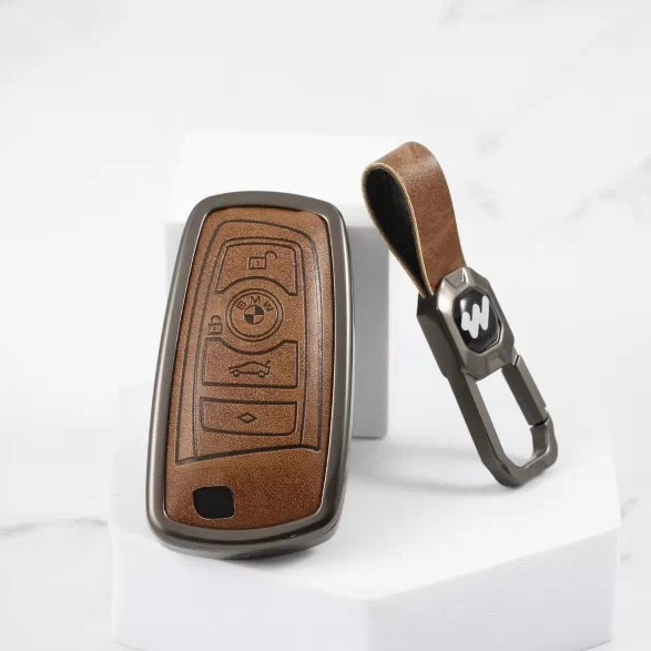Metal Alloy Leather Key case for BMW X-Series | M-Series | 3-Series | 5-Series | 7-Series 4 Button Smart Key (TAN)