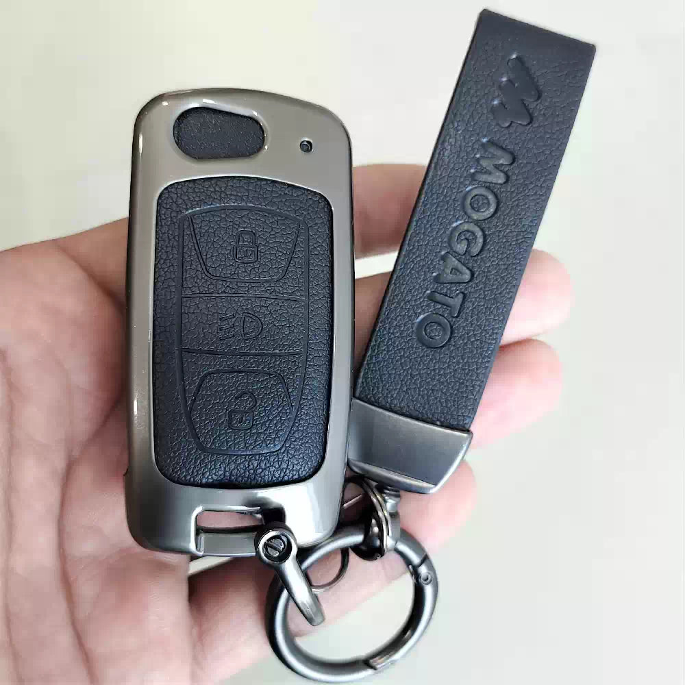 Metal Alloy Leather Key case for Tata Harrier | Punch | Tigor | Bolt | Nexon | Hexa | Zest | Tiago Flip Key (3 Button Flip Key) (Black)
