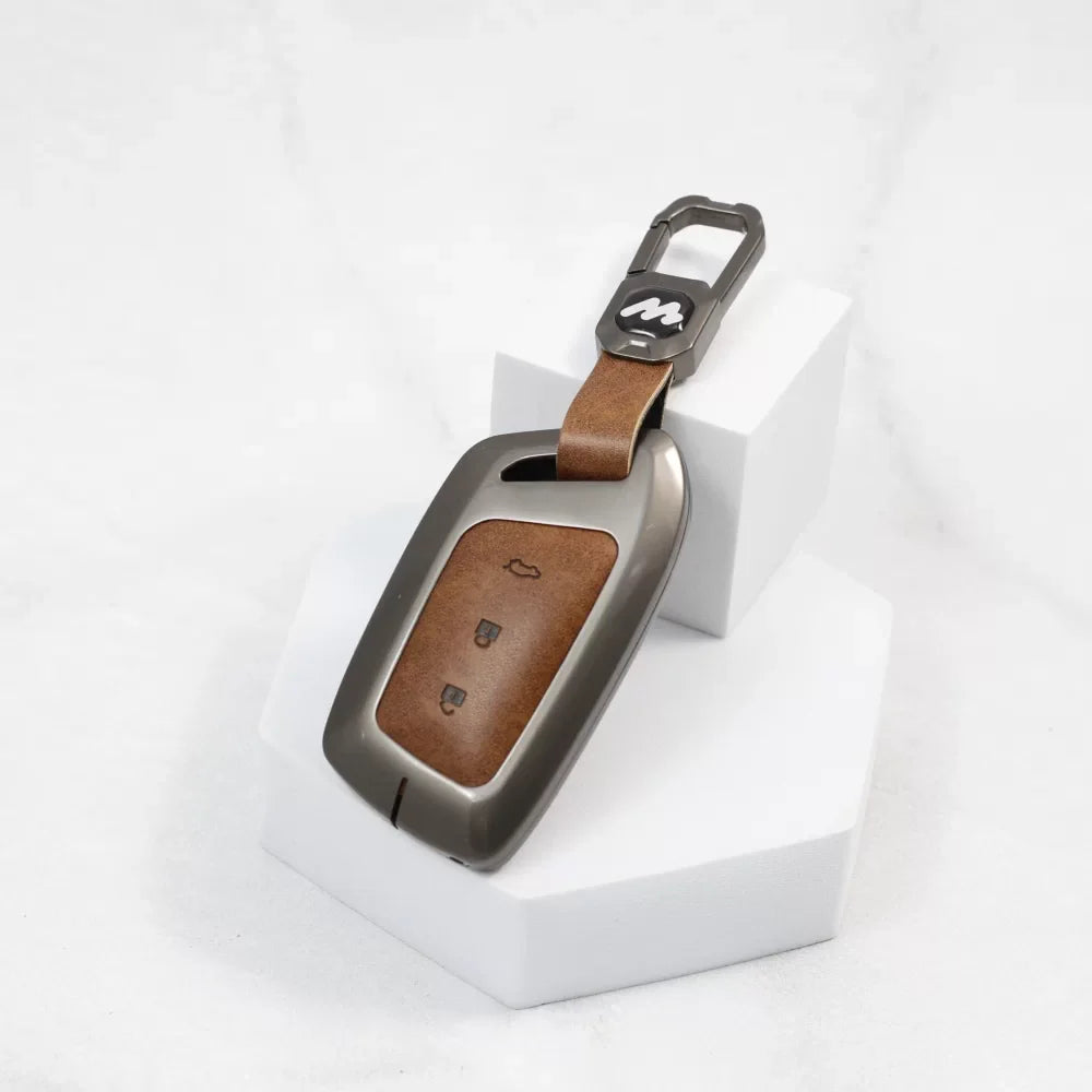 Metal Alloy Leather Key case for MG Hector | Windsor | Astor | Gloster Smart Key (3 Button)