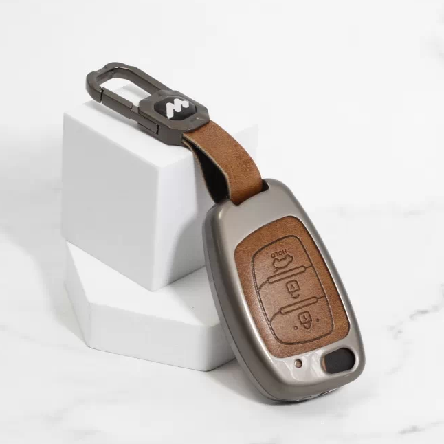 Metal Alloy Leather Key case for Hyundai Aura | Exter | Venue | Nios | Xcent | i20 Active | i20 Elite | Creta (3 Button Flip Key) (TAN)