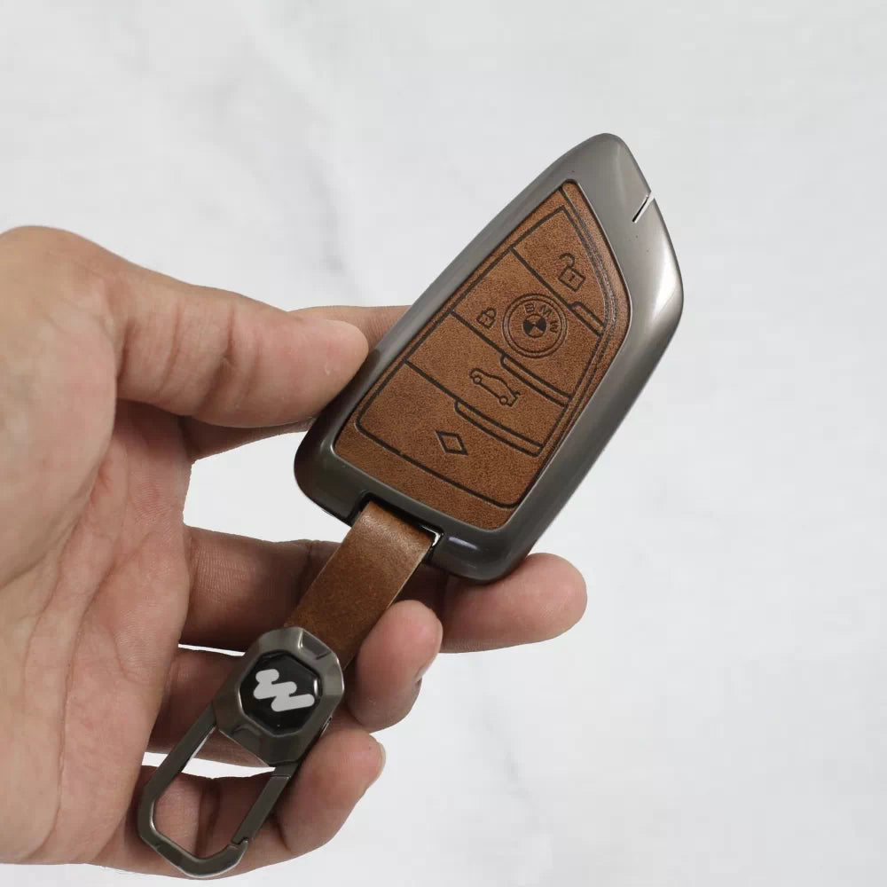Metal Alloy Leather Key case for BMW GT-Series | X-Series | M-Series | 3-Series | 5-Series | 7-Series 4 Button Smart Key