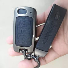 Load image into Gallery viewer, Metal Alloy Leather Key case for Tata Harrier | Punch | Tigor | Bolt | Nexon | Hexa | Zest | Tiago Flip Key (3 Button Flip Key) (Black)