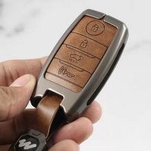 Load image into Gallery viewer, Metal Alloy Leather Key case for KIA Carens | Carnival | Seltos | Sonet (4 Button Smart Key) (TAN)