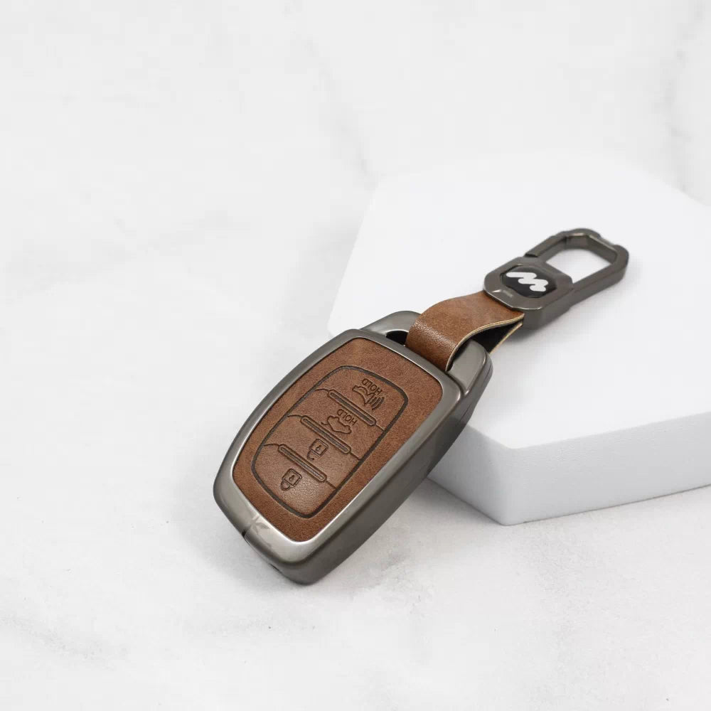 Metal Alloy Leather Key case for Hyundai i-20 (2021) | New Creta SX | New Venue SX | Elantra (4 Button Smart Key) (TAN)