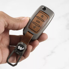 Load image into Gallery viewer, Metal Alloy Leather Key case for Skoda Rapid | Yeti | Superb | Laura | Fabia | Octavia 2014 | Volkswagen Jetta | Vento | Polo | Ameo3 Button Flip Key (TAN)