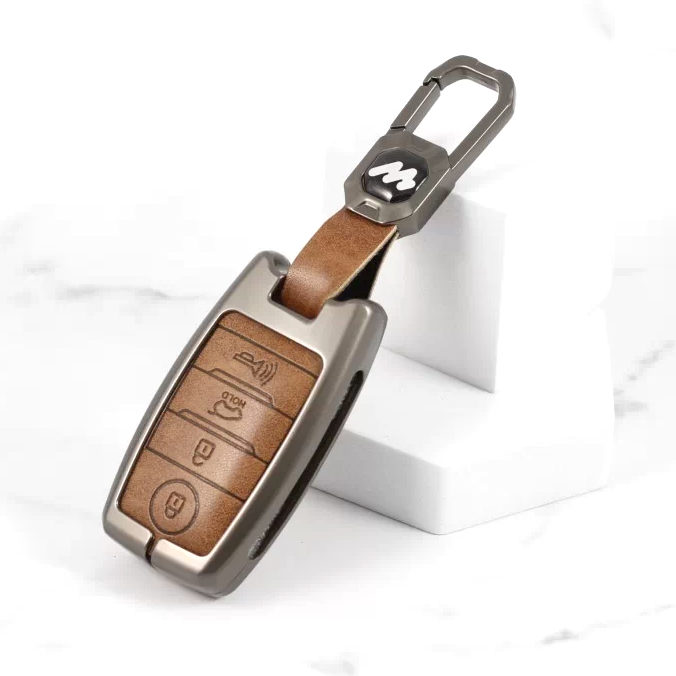 Metal Alloy Leather Key case for KIA Carens | Carnival | Seltos | Sonet (4 Button Smart Key) (TAN)