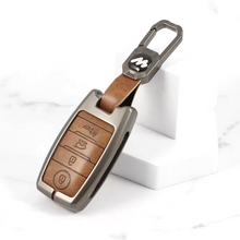Load image into Gallery viewer, Metal Alloy Leather Key case for KIA Carens | Carnival | Seltos | Sonet (4 Button Smart Key) (TAN)
