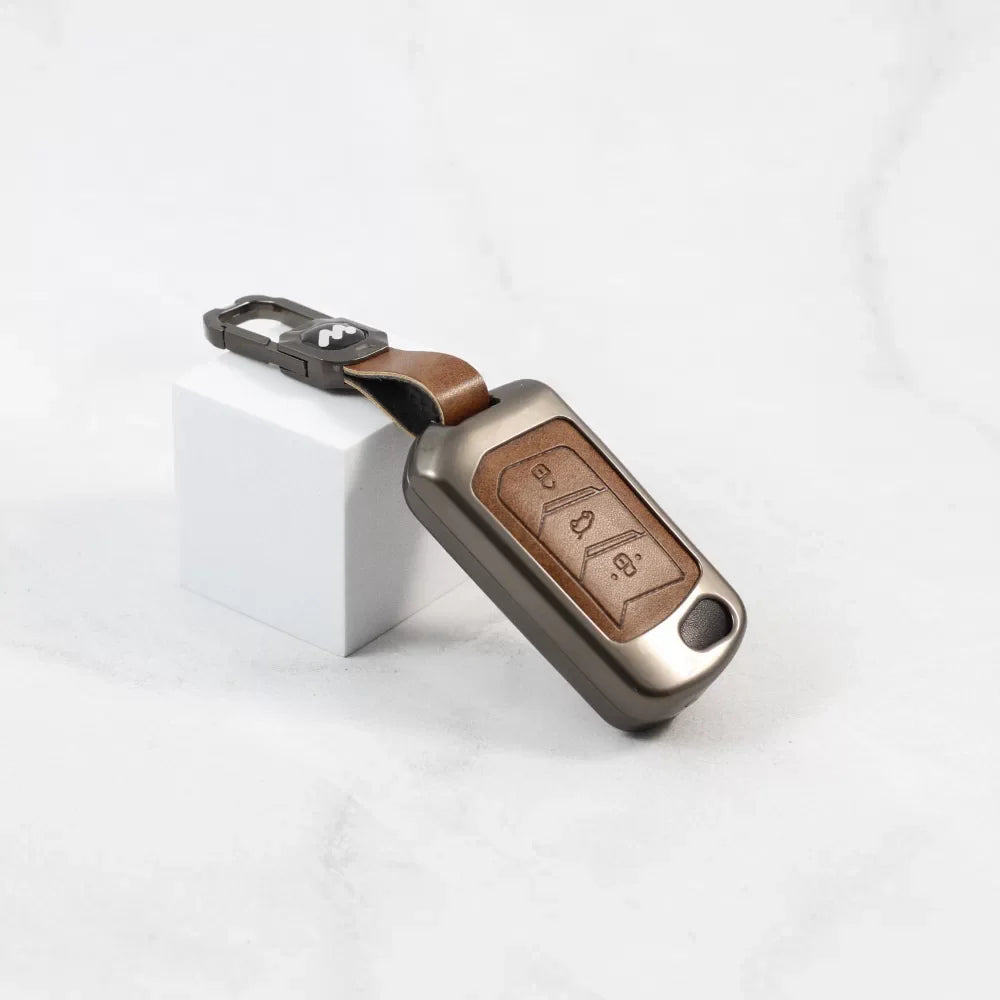 Metal Alloy Leather Key case for Mahindra New Scorpio-N | XUV 700 | New THAR | Xuv-300 | Marazzo | Scorpio | Bolero ( 3 Button Flip/Smart Key)(TAN)