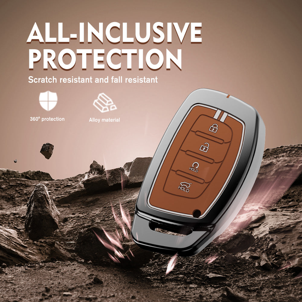 Carloginn Luxury Zinc Alloy Metal Soft Silicon Key Case for  Hyundai Alcazar | Creta Facelift 2024 | New Creta SX ( 4 Button Smart Key ) - TAN COLOR