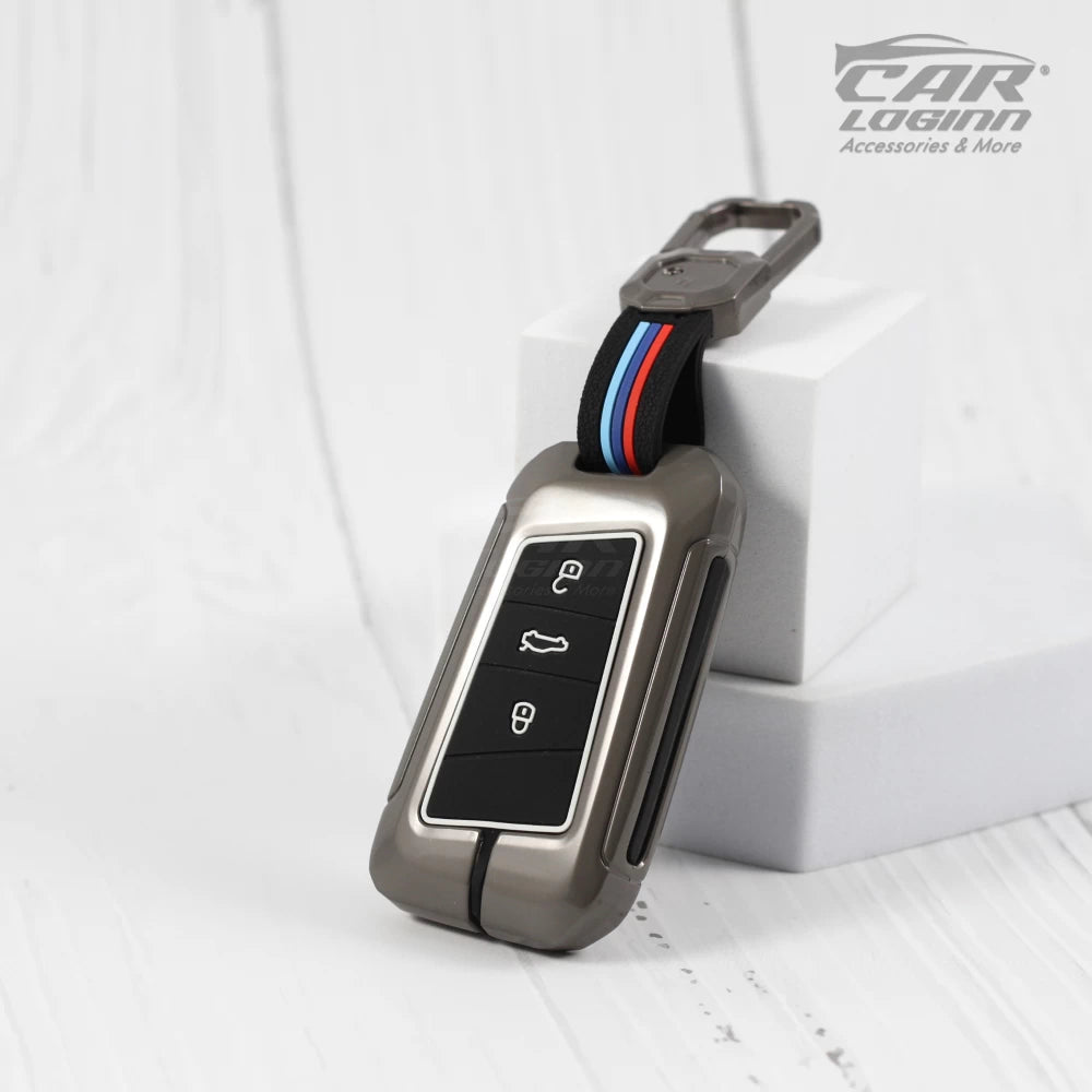 Metal Silicon Key Case for  Skoda Kushaq | Superb | Kodiaq | Slavia | Volkswagen Tiguan | Virtus  3 Button Smart Key
