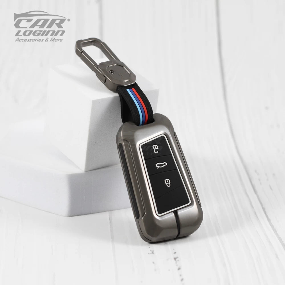 Metal Silicon Key Case for  Skoda Kushaq | Superb | Kodiaq | Slavia | Volkswagen Tiguan | Virtus  3 Button Smart Key