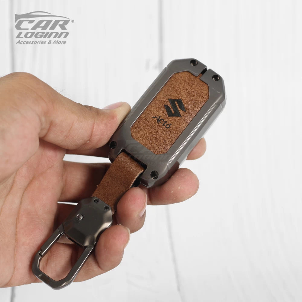 Metal Alloy Leather Key case for New Maruti Suzuki Grand Vitara | Fronx | New Brezza | XL 6 | Ignis | Baleno | New Ertiga | Ignis | New Swift | New Dezire  2 Button Smart Key (TAN)