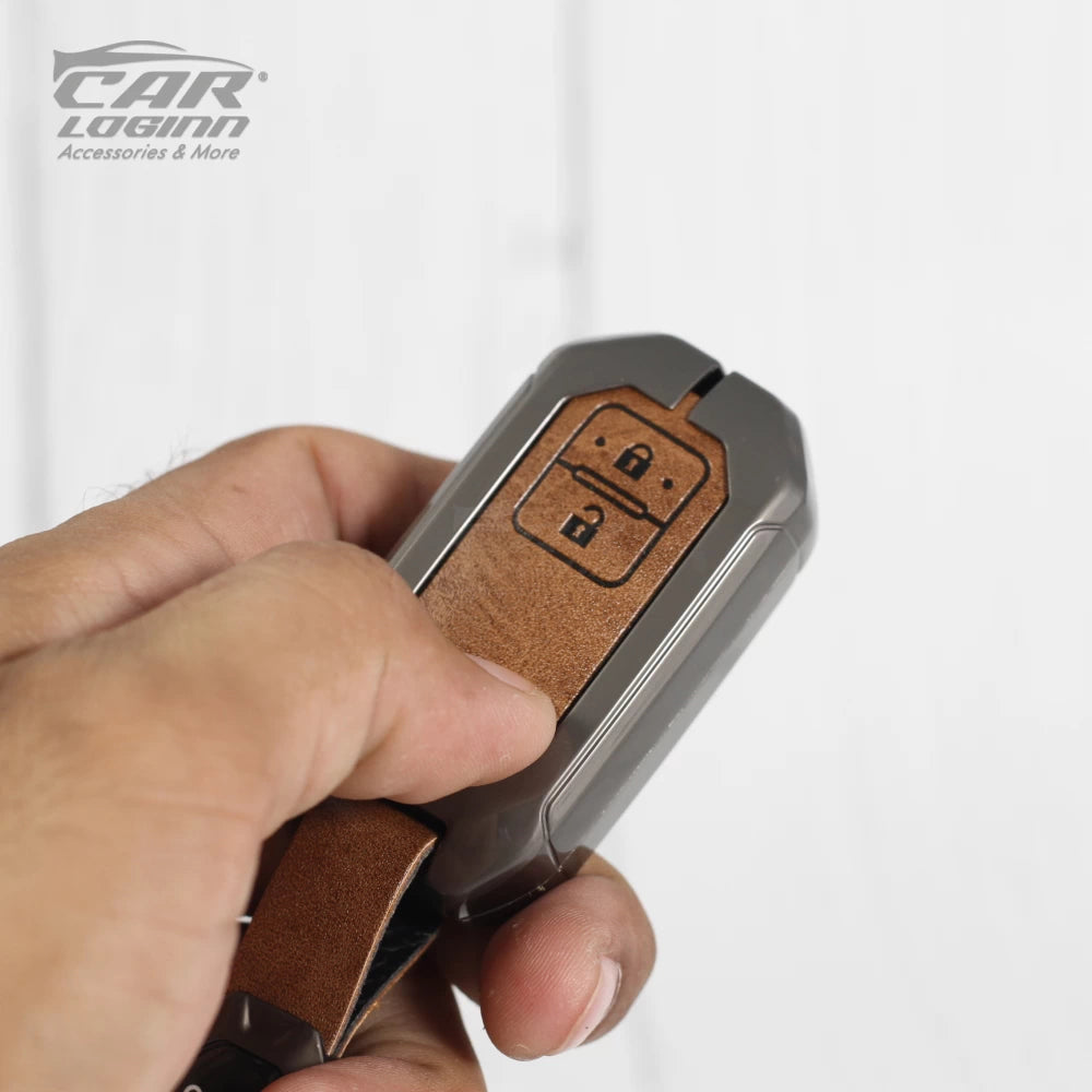 Metal Alloy Leather Key case for New Maruti Suzuki Grand Vitara | Fronx | New Brezza | XL 6 | Ignis | Baleno | New Ertiga | Ignis | New Swift | New Dezire  2 Button Smart Key (TAN)