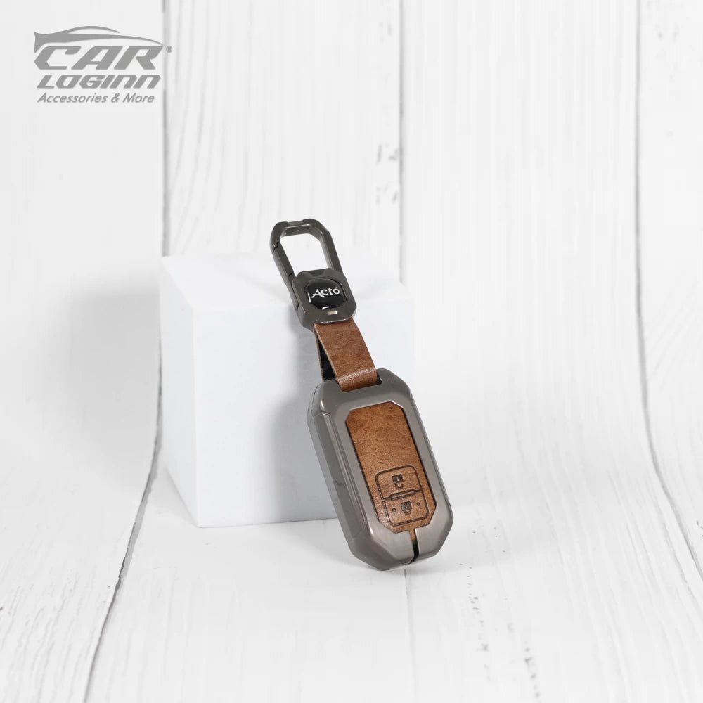 Metal Alloy Leather Key case for New Maruti Suzuki Grand Vitara | Fronx | New Brezza | XL 6 | Ignis | Baleno | New Ertiga | Ignis | New Swift | New Dezire  2 Button Smart Key (TAN)