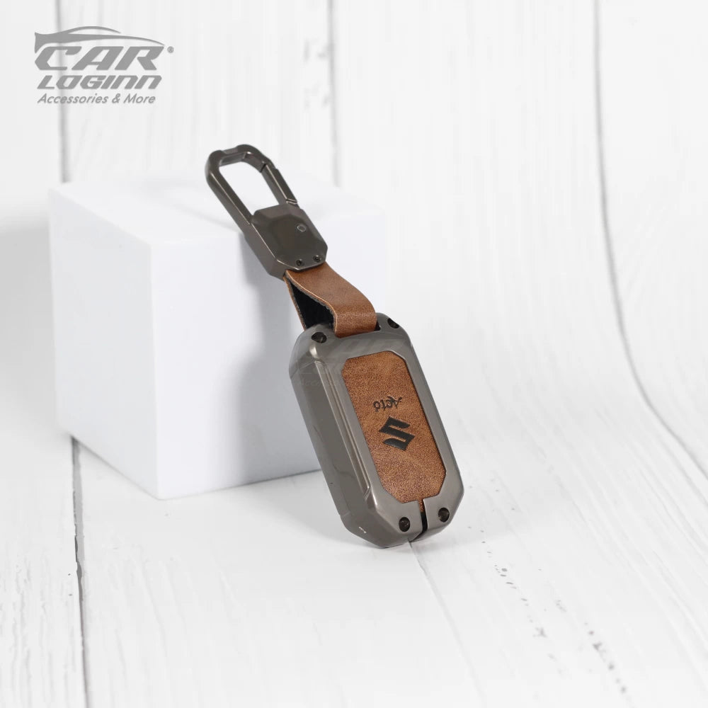 Metal Alloy Leather Key case for New Maruti Suzuki Grand Vitara | Fronx | New Brezza | XL 6 | Ignis | Baleno | New Ertiga | Ignis | New Swift | New Dezire  2 Button Smart Key (TAN)