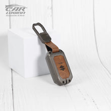 Load image into Gallery viewer, Metal Alloy Leather Key case for New Maruti Suzuki Grand Vitara | Fronx | New Brezza | XL 6 | Ignis | Baleno | New Ertiga | Ignis | New Swift | New Dezire  2 Button Smart Key (TAN)
