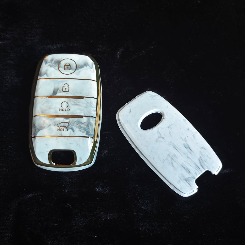 MARBLE TPU Car Key Cover Fit for KIA Carens | Carnival | Seltos | Sonet 4 Button Smart Key