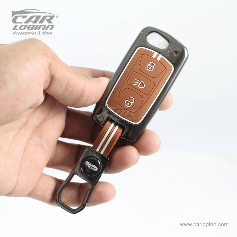 Carloginn Luxury Zinc Alloy Metal Soft Silicon Key Case for Tata Harrier | Punch | Tigor | Bolt | Nexon | Hexa | Zest | Tiago (3 Button Flip Key)- TAN COLOR