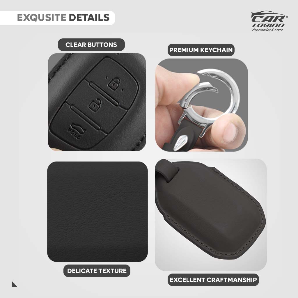 PU-3D Leather Key Case for Hyundai Xcent | Exter | Creta | Venue | I-20 | Aura | I-10 Grand | Tucson | Nios | Verna | Elentra (3 Button Smart Key/ PUSH START KEY)