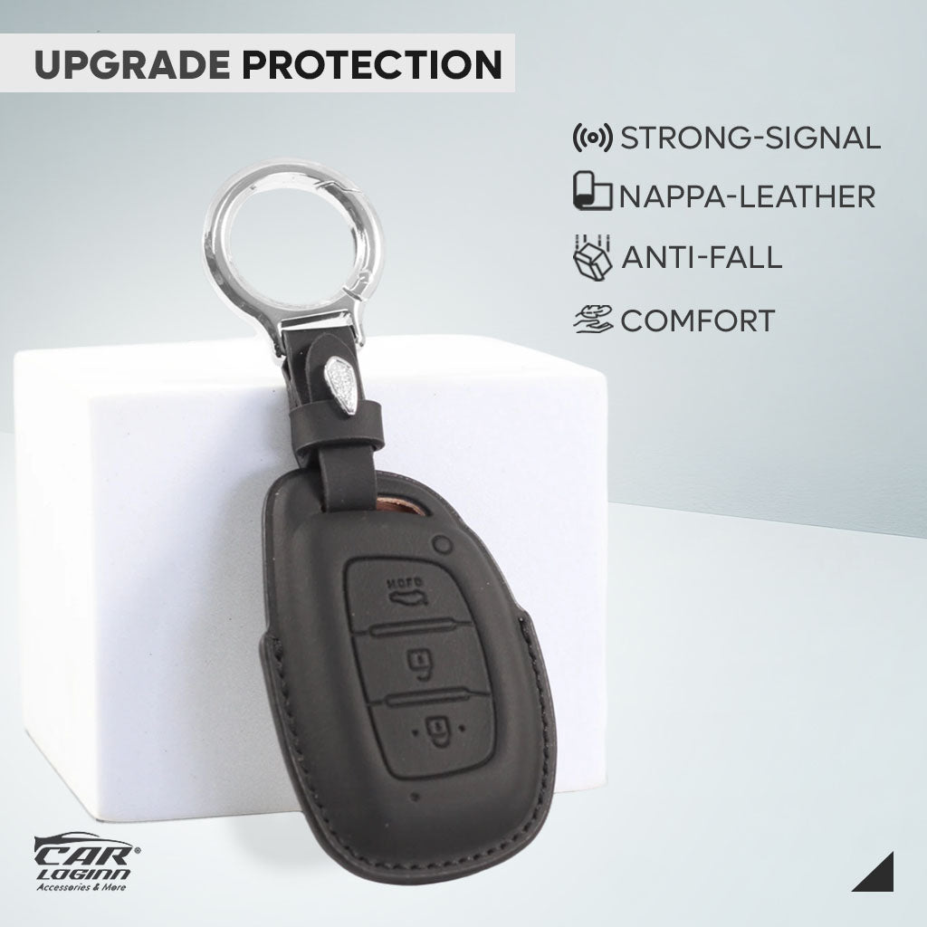 PU-3D Leather Key Case for Hyundai Xcent | Exter | Creta | Venue | I-20 | Aura | I-10 Grand | Tucson | Nios | Verna | Elentra (3 Button Smart Key/ PUSH START KEY)