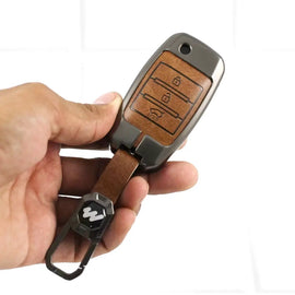Metal Leather Key case for KIA Seltos | Sonet | Carens - 3 Button Flip Key