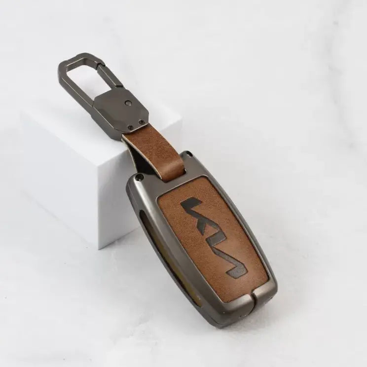 Metal Leather Car Keycover for KIA Seltos | Sonet | Carens - (3 Button Smart Key)