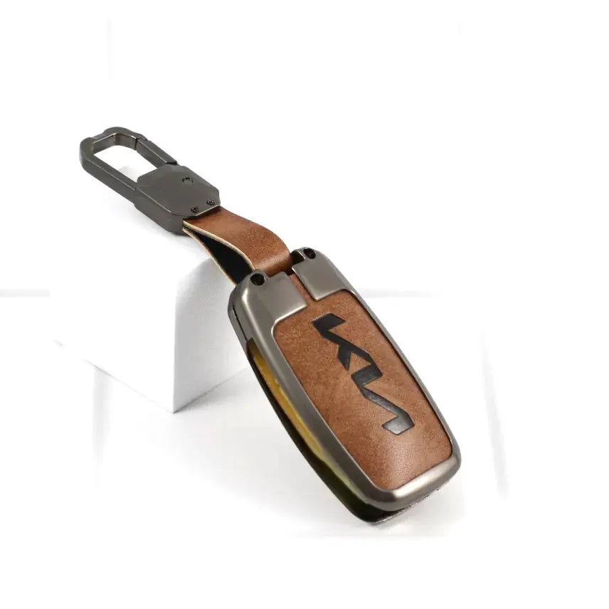 Metal Leather Key case for KIA Seltos | Sonet | Carens - 3 Button Flip Key