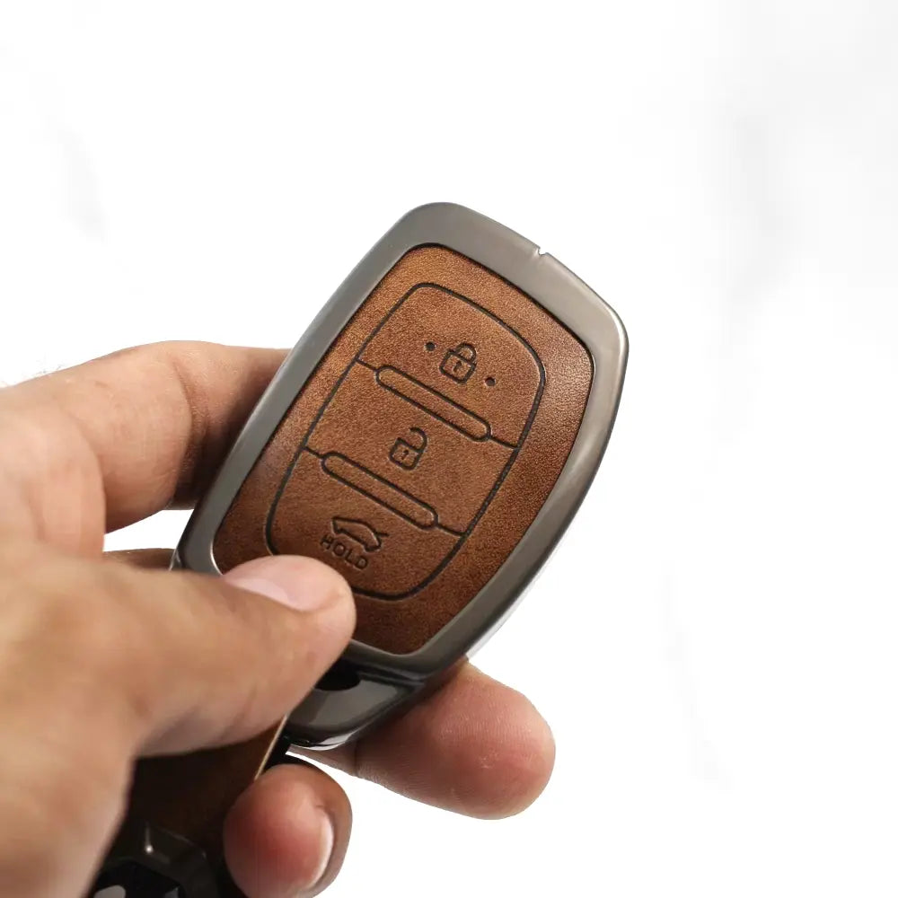 Metal Leather Key case for Hyundai Xcent | Exter | Creta | Venue | i20 | Aura | i10 Grand | Nios - (3 Button)