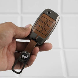 Metal Alloy Leather Key case for  KIA Seltos | KIA Sonet | KIA Carens | Carnival (3 Button Flip Key) (TAN)