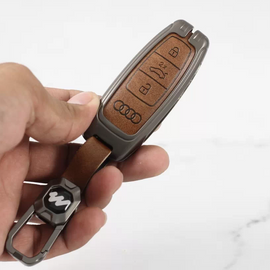 Metal Leather Key Case for  AUDI A3 | A4 | A5 | Q3 | Q5 | Q7 | Q8 (3 Button Smart Key) (TAN)