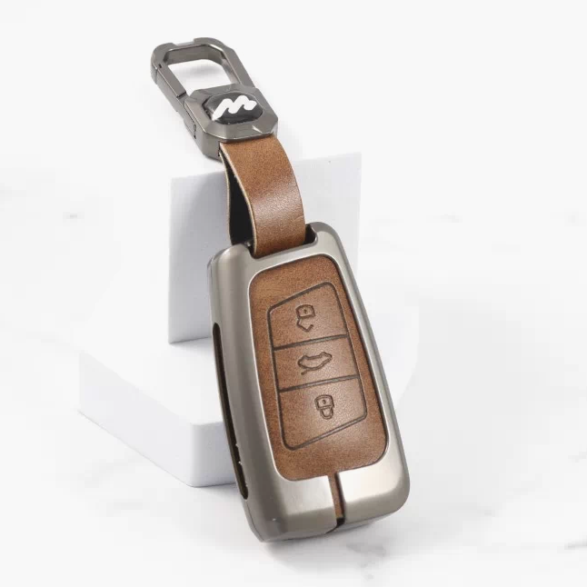 Metal Alloy Leather Key case for Volkswagen 3 Button Smart Key (TAN)