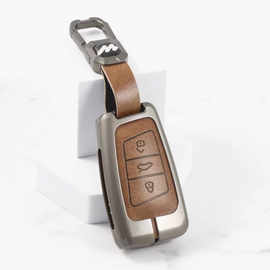 Metal Alloy Leather Key case for  Skoda Kushaq | Superb | Kodiaq | Slavia | Volkswagen Tiguan | Virtus 3 Button Smart Key (TAN)