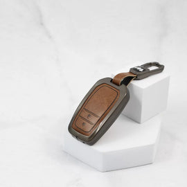 Metal Alloy Leather Key case for Toyota Innova Hycross | Fortuner | Innova Crysta Smart Key (2 Button Smart Key)(TAN)