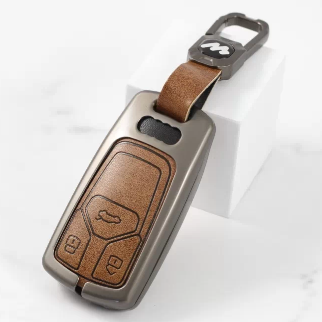 Metal Alloy Leather Key case for AUDI 3 Button Smart Key (TAN)