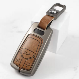Metal Alloy Leather Key case for Audi A3 | A4 | A5 | Q3 | Q7 | Q5 | Q8 (3 Button Smart Key) (TAN)