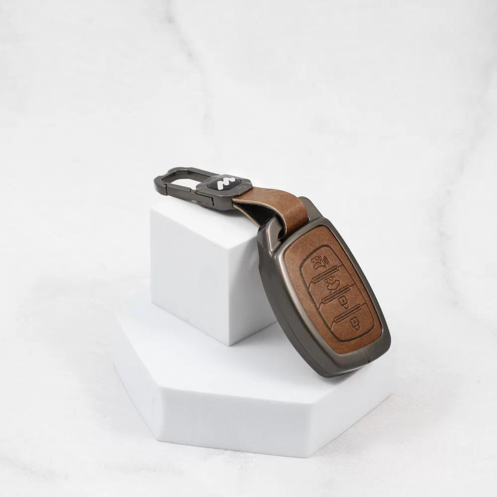 Metal Alloy Leather Key case for Hyundai 4 Button Smart Key (TAN)