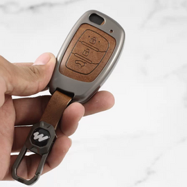 Metal Alloy Leather Key case for Hyundai Aura | Exter | Venue | Nios | Xcent | i20 Active | i20 Elite | Creta (3 Button Flip Key) (TAN)
