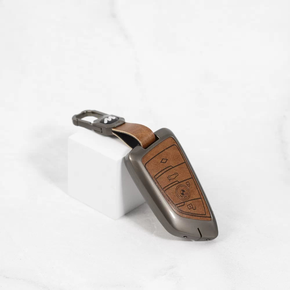 Metal Alloy Leather Key case for BMW 4 Button Smart Key (Tan Color)
