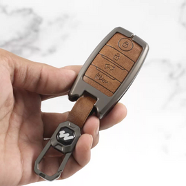 Metal Alloy Leather Key case for KIA Carens | Carnival | Seltos | Sonet (4 Button Smart Key) (TAN)